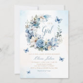 Boho水色フローラバタフライガールベビーシャワー 招待状 (正面)