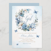 Boho水色フローラバタフライガールベビーシャワー 招待状 (正面/裏面)