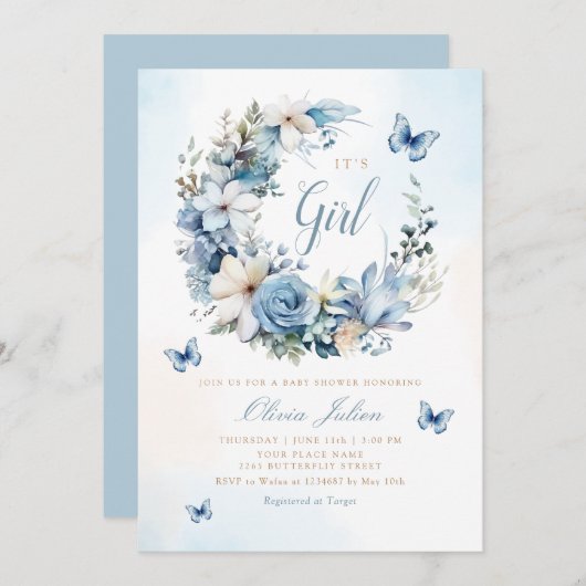 Boho水色フローラバタフライガールベビーシャワー 招待状 (正面/裏面)