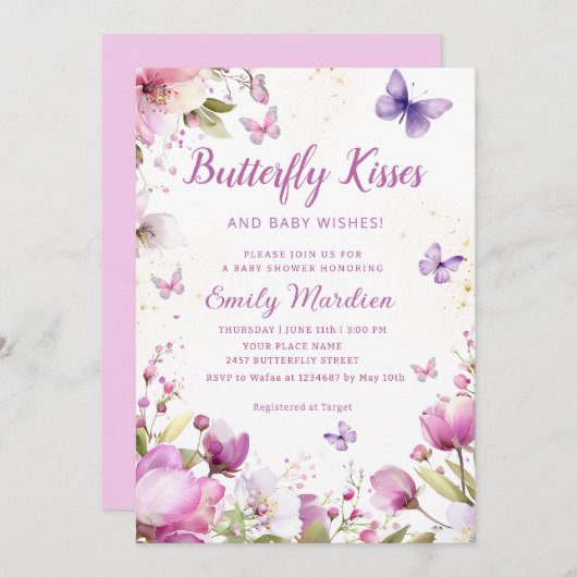 Boho水色フローラバタフライガールベビーシャワー 招待状 (正面/裏面)