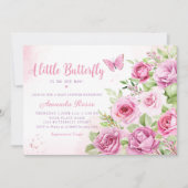 Boho水色フローラバタフライガールベビーシャワー 招待状 (正面)