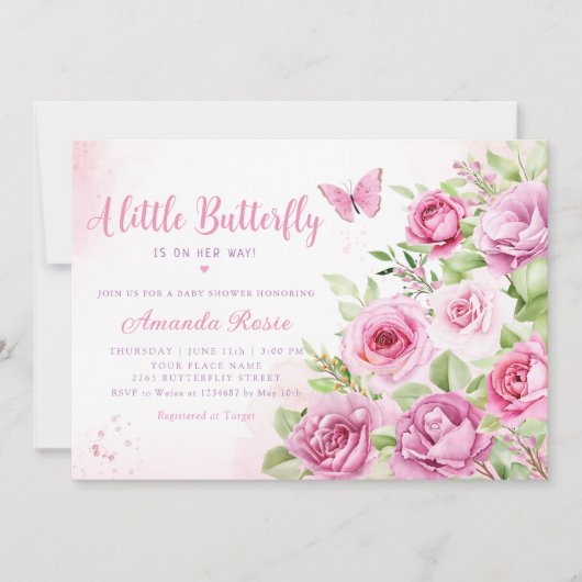 Boho水色フローラバタフライガールベビーシャワー 招待状 (正面)