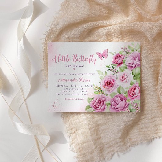 Boho水色フローラバタフライガールベビーシャワー 招待状