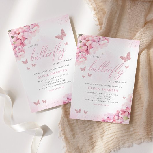 Boho水色フローラバタフライガールベビーシャワー 招待状