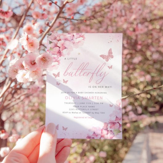 Boho水色フローラバタフライガールベビーシャワー 招待状