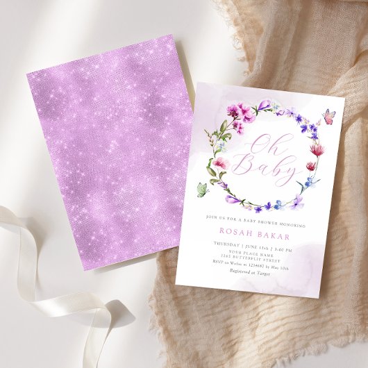 Boho水色フローラバタフライガールベビーシャワー 招待状