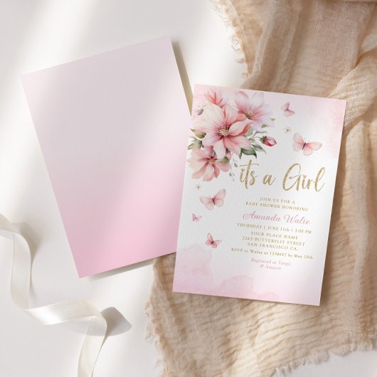 Boho水色フローラバタフライガールベビーシャワー 招待状