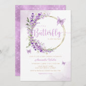 Boho水色フローラバタフライガールベビーシャワー 招待状 (正面/裏面)