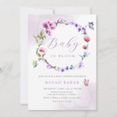 Boho水色フローラバタフライガールベビーシャワー 招待状 (正面)