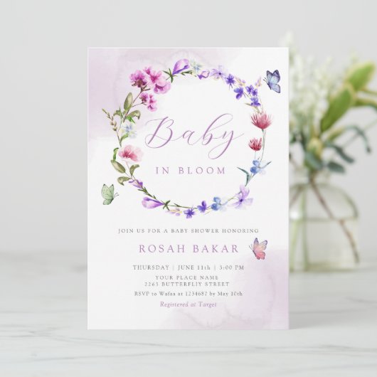 Boho水色フローラバタフライガールベビーシャワー 招待状 (スタンド正面)