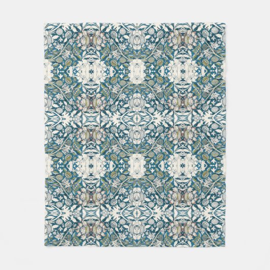 BOHO水色フローラパッチワークパターンブルータン フリースブランケット (正面)