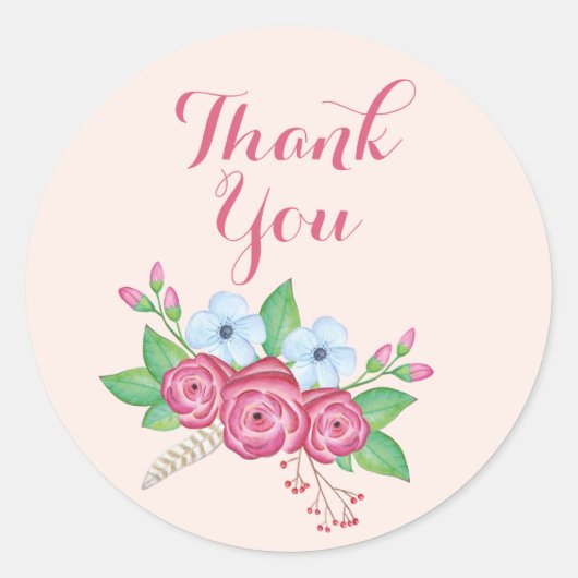 Boho水色フローラ花花束"ありがとう" ラウンドシール (正面)
