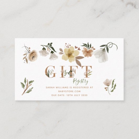 Boho水色フローラ赤ちゃんシャワー贈り物登録 名刺 (正面)