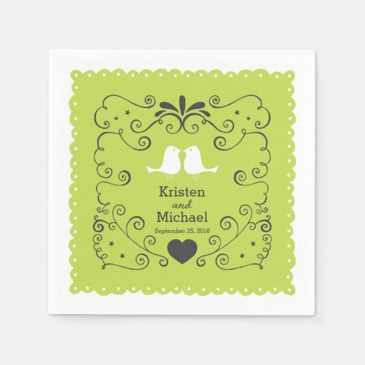 Boho渦巻き旋回、カール、バナー&ラブバード結婚ズ スタンダードカクテルナプキン (正面)