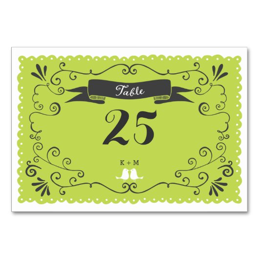 Boho渦巻き旋回、カール、バナー&ラブバード結婚ズ テーブルナンバー (正面)