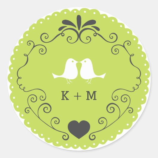 Boho渦巻き旋回、カール、バナー&ラブバード結婚ズ ラウンドシール (正面)