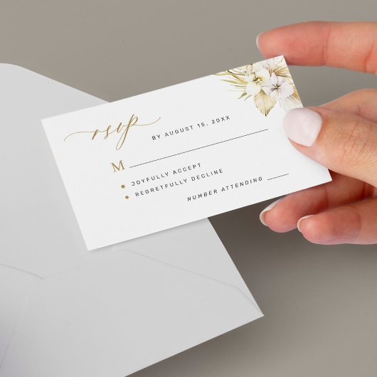 Boho熱帯オヒド金ゴールドスクリプトウェディングRSVP ノートカード