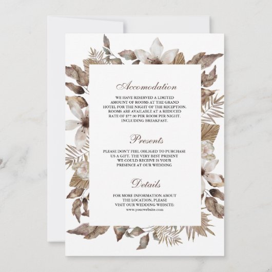 Boho熱帯乾燥ヤシフローラ結婚すべて 招待状 (裏面)