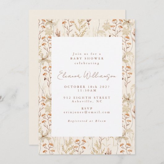 Boho牧草地素朴花フローラ赤ちゃんシャワー 招待状 (正面/裏面)