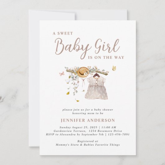 Boho甘いベビーガール服植物性ベビーシャワー 招待状 (正面)