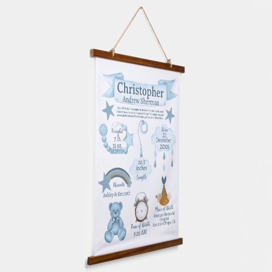 BOHO生まれたばかりの誕生統計男の赤ちゃんブルーカスタム 吊り下げ型タペストリー (傾斜あり)
