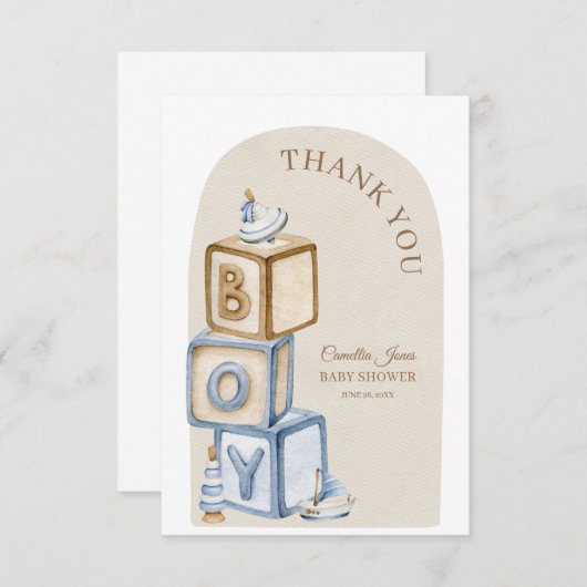 Boho男の子ブロックやおもちゃの赤ちゃんシャワー サンキューカード (正面/裏面)