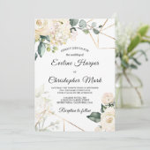 Boho白いバラあじさい金ゴールド結婚枠 招待状 (スタンド正面)