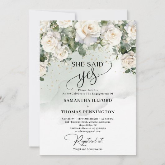 Boho白いバラと緑のユーカリ彼女はyesと言った 招待状 (正面)