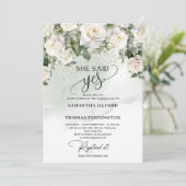 Boho白いバラと緑のユーカリ彼女はyesと言った 招待状 (スタンド正面)