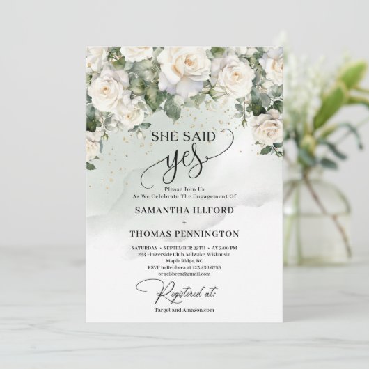 Boho白いバラと緑のユーカリ彼女はyesと言った 招待状 (スタンド正面)