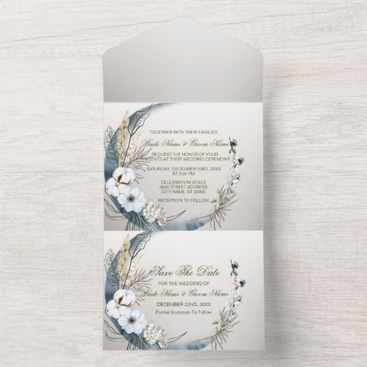 Boho白結婚蘭の花ブルームーンパーティー オールインワン招待状 (内側)