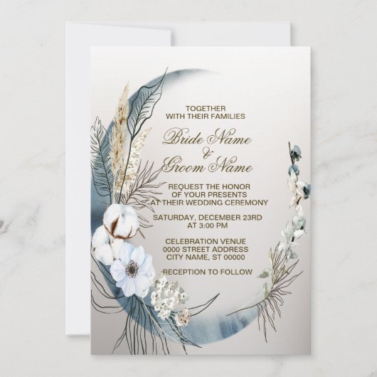 Boho白結婚蘭の花ブルームーンパーティー 招待状 (正面)