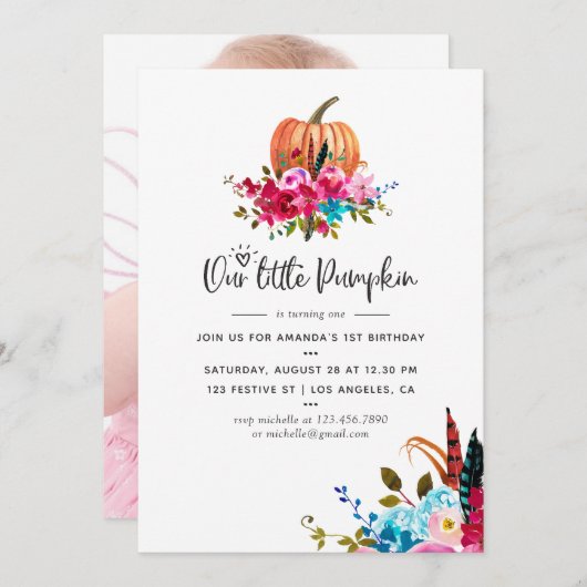 Boho私たちの小さなカボチャ任意の年齢の誕生日パーティー 招待状 (正面/裏面)