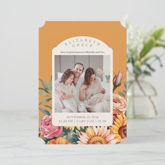 Boho秋ひまわりアーチ写真誕生発表 招待状 (スタンド正面)