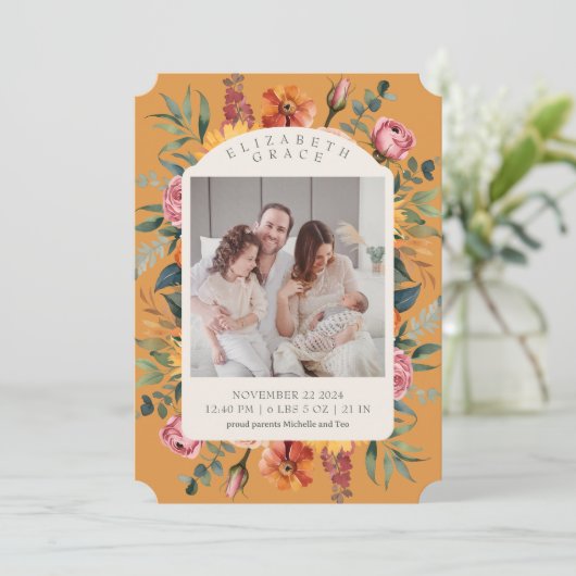 Boho秋フローラアーチ写真誕生発表 招待状 (スタンド正面)