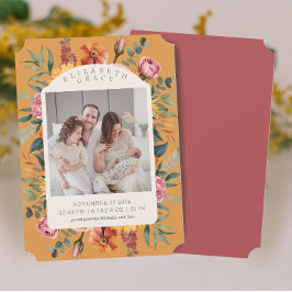 Boho秋フローラアーチ写真誕生発表 招待状