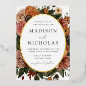 Boho秋フローラオーバルフレーム結婚ズ 箔招待状 (正面)