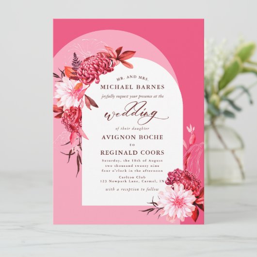 Boho秋フローラピンクアーチ結婚写真 招待状 (スタンド正面)