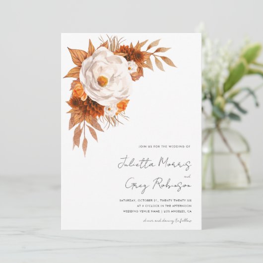 Boho秋フローラモダンスクリプトQRコー結婚ド 招待状 (スタンド正面)