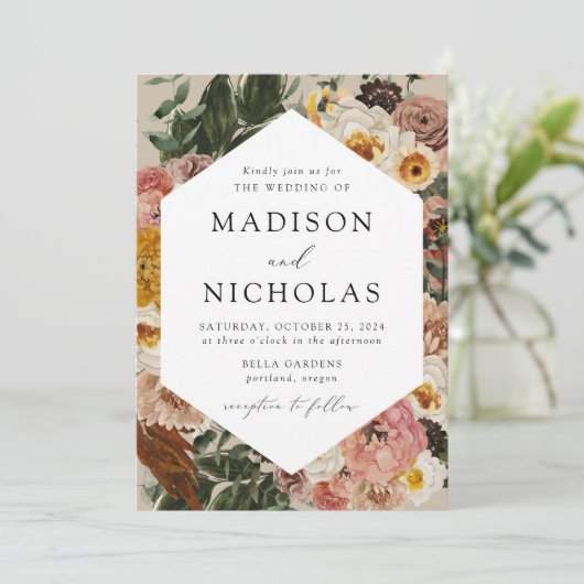 Boho秋フローラ幾何学模様結婚枠 招待状 (スタンド正面)