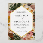 Boho秋フローラ幾何学模様結婚枠 箔招待状 (正面)