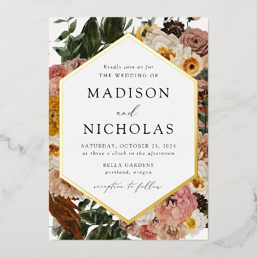 Boho秋フローラ幾何学模様結婚枠 箔招待状 (正面)