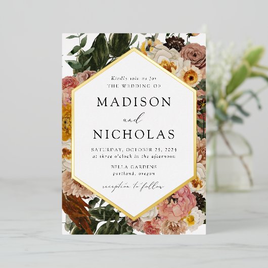 Boho秋フローラ幾何学模様結婚枠 箔招待状 (立ち正面)