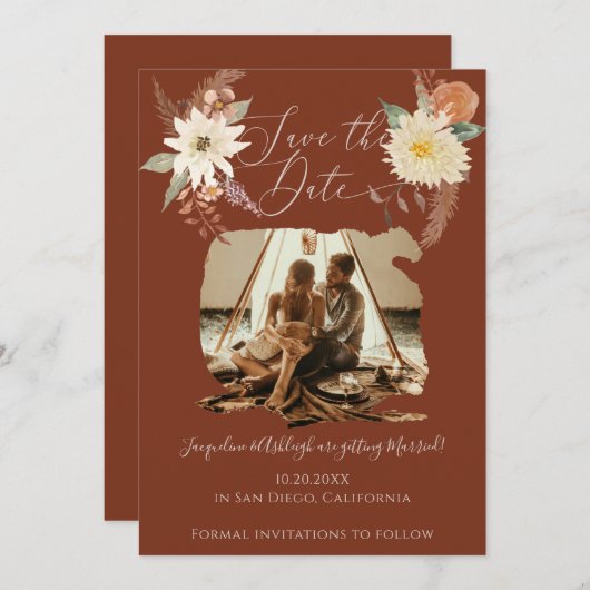 BOHO秋フローラ水彩写真焦げオレンジ セーブザデート (正面/裏面)