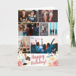 Boho秋フローラ水彩誕生日7フォトグリッド カード