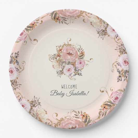 BOHO秋フローラ赤面水の色ベビーガールシャワー ペーパープレート (正面)