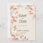 Boho素朴なピンクのサンゴアイボリーフローラ日付を保存 招待状 (正面)