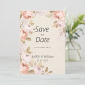 Boho素朴なピンクのサンゴアイボリーフローラ日付を保存 招待状 (スタンド正面)