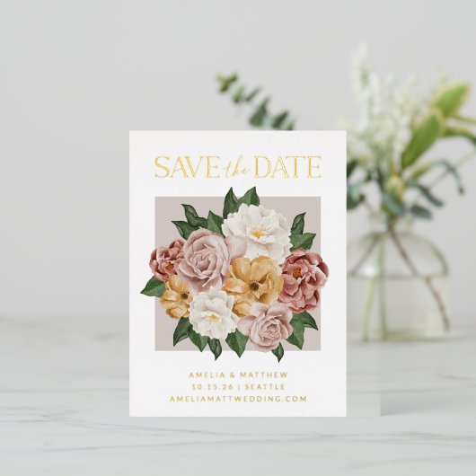 Boho素朴フローラエレガント日付金ゴールドの保存 箔招待状ポストカード (立ち正面)