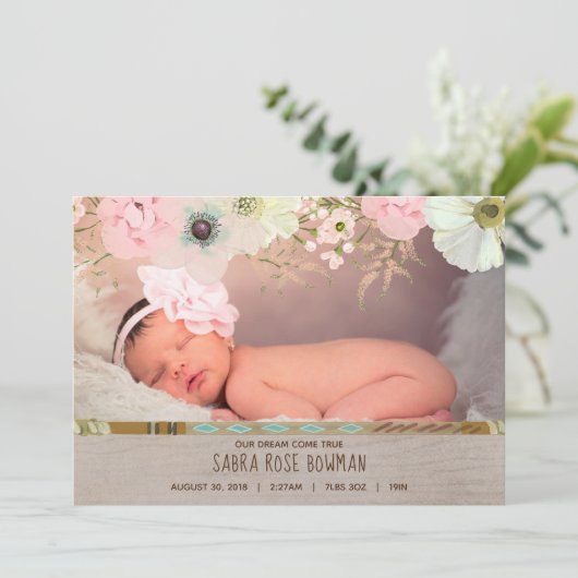 Boho素朴フローラ羽毛誕生のお知らせ 案内状 (スタンド正面)